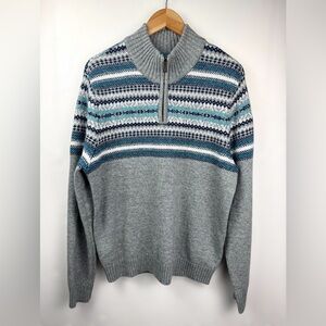 Lands End Men’s Fair Isle Quarter Zip Gray, blue, cotton wool blend Size M 38-40